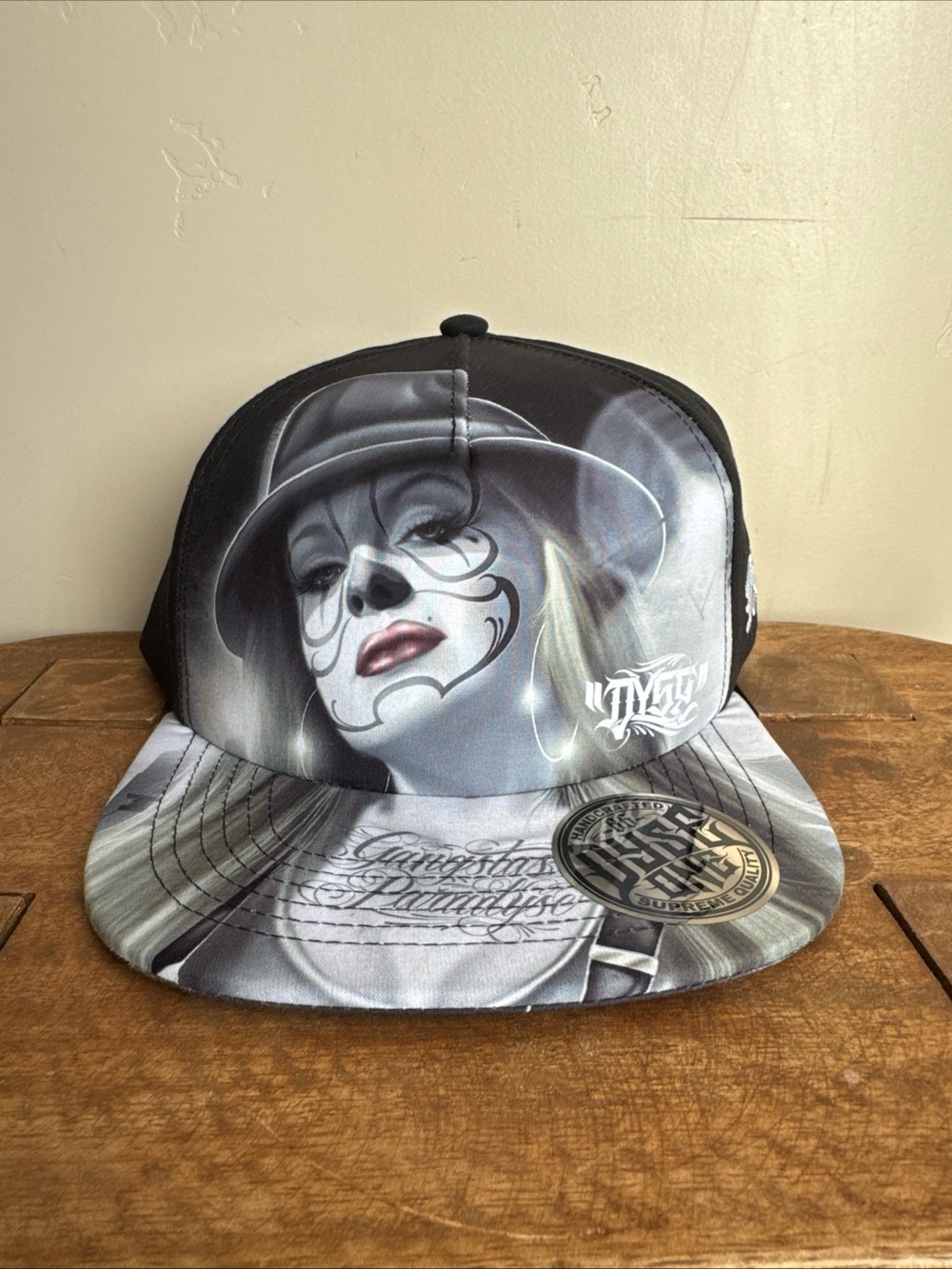 Black and Gray Artistic Face Print Cap Art Print - Unbranded